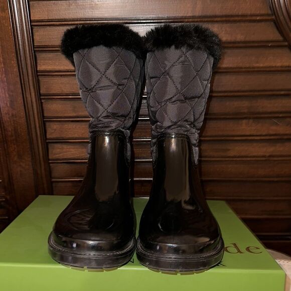 Kate Spade 9M Black Rubber Fleece Faux Fur Lined Rain Winter Pull-On Boots - Picture 3 of 15